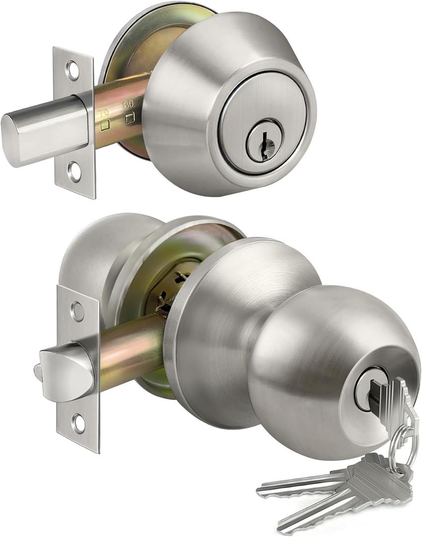 BESTTEN Keyed Same Exterior Door Knob and Single Cylinder Deadbolt Combo Set, Keyed Alike Entry Door Knobs with Lock and Keys for Entrance and Front Door, Satin Nickel