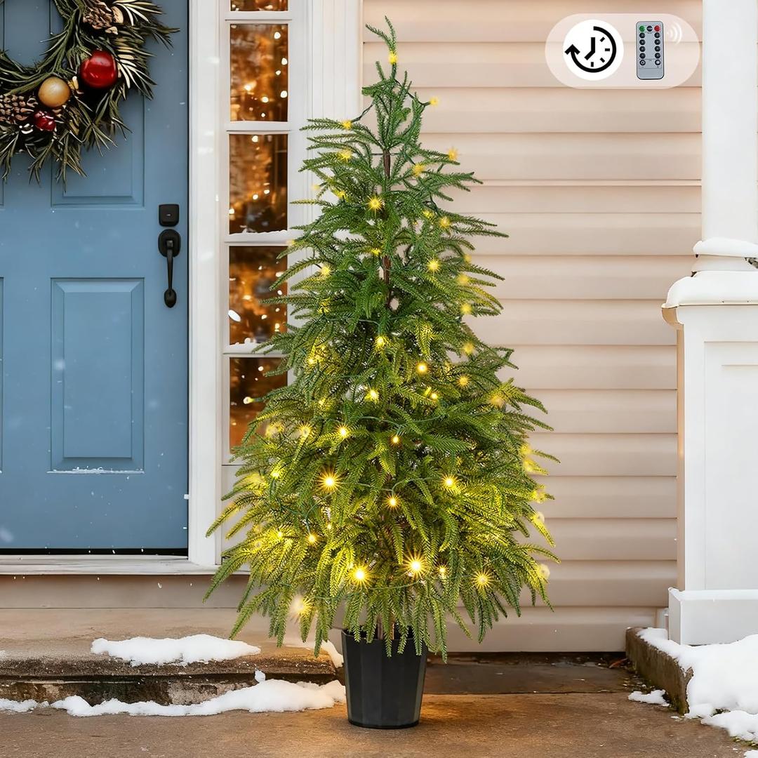 BLOSMON Outdoor Christmas Trees for Porch: 4 Ft Norfolk Pine Tree with 100 LED Lights Remote Control Timer 8 Lighting Modes - Small Artificial Cypress Trees Indoor Table Top Decor