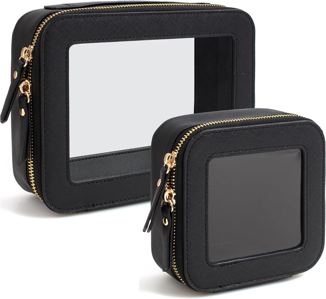 Travel Clear Makeup Bag Set, TSA Approved Cosmetic Bag Case with Zipper Portable Makeup Pouch Toiletry Bag Women Traveling Cosmetic Organizer Storage Bag Car Organizer Car Essentials for Women (Mini+Large Black)