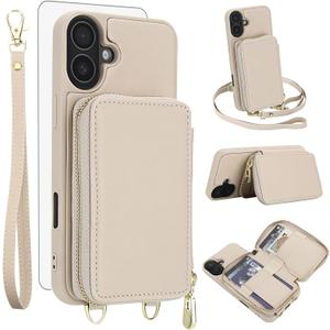 Phone Case for iPhone 16 Plus 6.7 inch Wallet Cell Cover with Tempered Glass Screen Protector Crossbody Strap Lanyard RFID Blocking Credit Card Holder i Phone16 16+ i16 + 16Plus Women Men Girls Beige