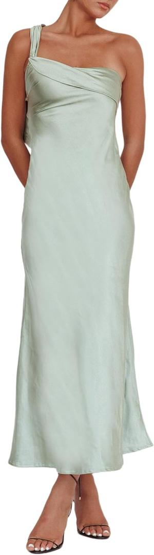 2026 Satin One Shoulder Maxi Dress for Women Summer Silk Formal Elegant Backless Ruffle Sleeveless Wedding Guest Dresses.  XS Size