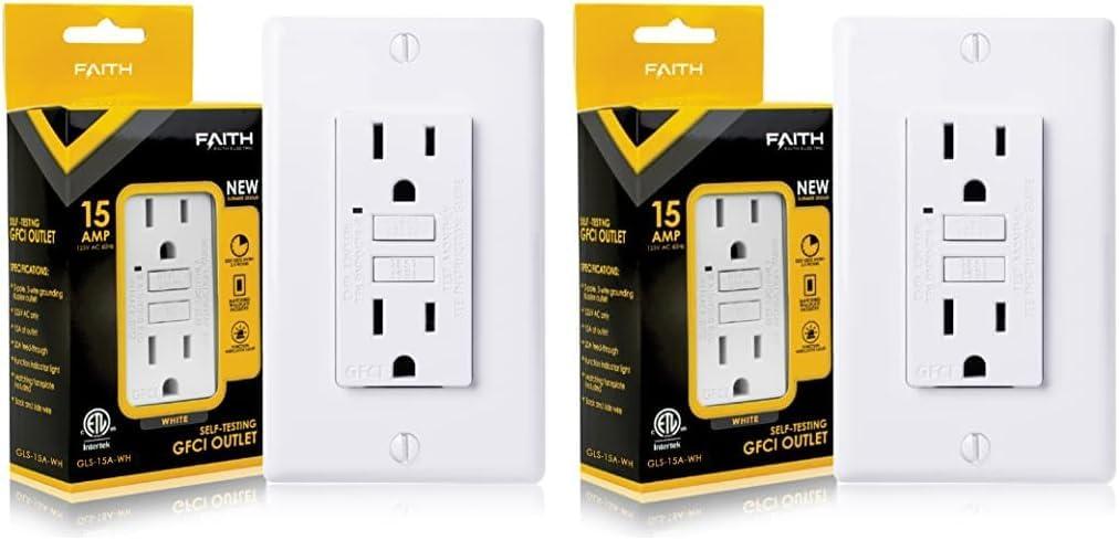 Faith 15A GFCI Outlet, Non-Tamper-Resistant GFI Duplex Receptacle with LED Indicator, Self-Test Ground Fault Circuit Interrupter with Wall Plate, ETL Listed, White (Pack of 1)