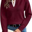 SOLY HUX Women's Long Sleeve Sweater Lace Trim Notched V Neck Knit Pullover Tops Casual Trendy Sweaters
 size L