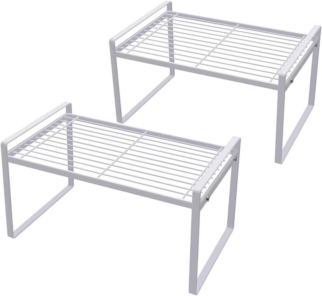 Pack of 2 Kitchen Cabinet Shelf Counter Organizer Rack Pantry Storage Bathroom Bedroom Office Table Desk Space Saving Steel Frame Stackable Rust Resistant Non Slip White (L13" W8.3" H7.3")