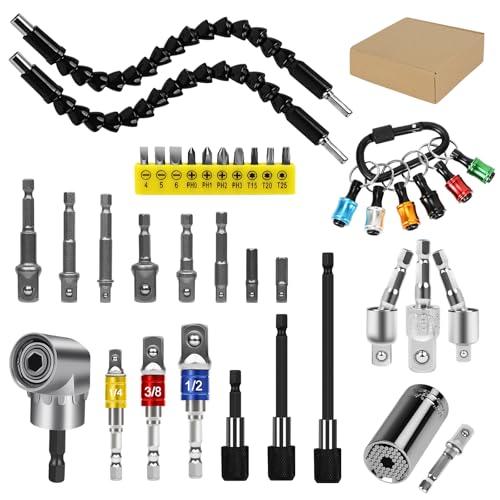 GALLIA Flexible Drill Bit Extension Set 38Pcs, Right Angle Drill Attachment, Rotatable Joint Socket 1/4 3/8 1/2 Inch Hex Socket Adapter, Bits Holder and Screwdriver Bit Kit with a Box (Colorful)