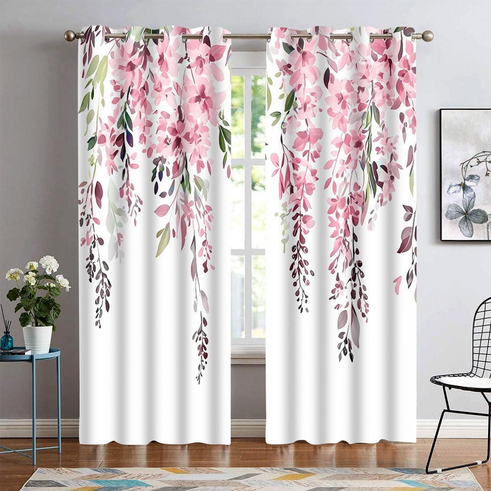 Pink Watercolor Floral Curtains 84 inches Long, Botanical Leaves Vine Flowers Rustic Farmhouse Curtains, Blackout Window Treatment Drapes for Bedroom Living Room 52x84inch, 2 Panels Pink Watercolor Floral Curtains 84 inches Long, Botanical Leaves Vine Flowers Rustic Farmhouse Curtains, Blackout Window Treatment Drapes for Bedroom Living Room 52x84inch, 2 Panels