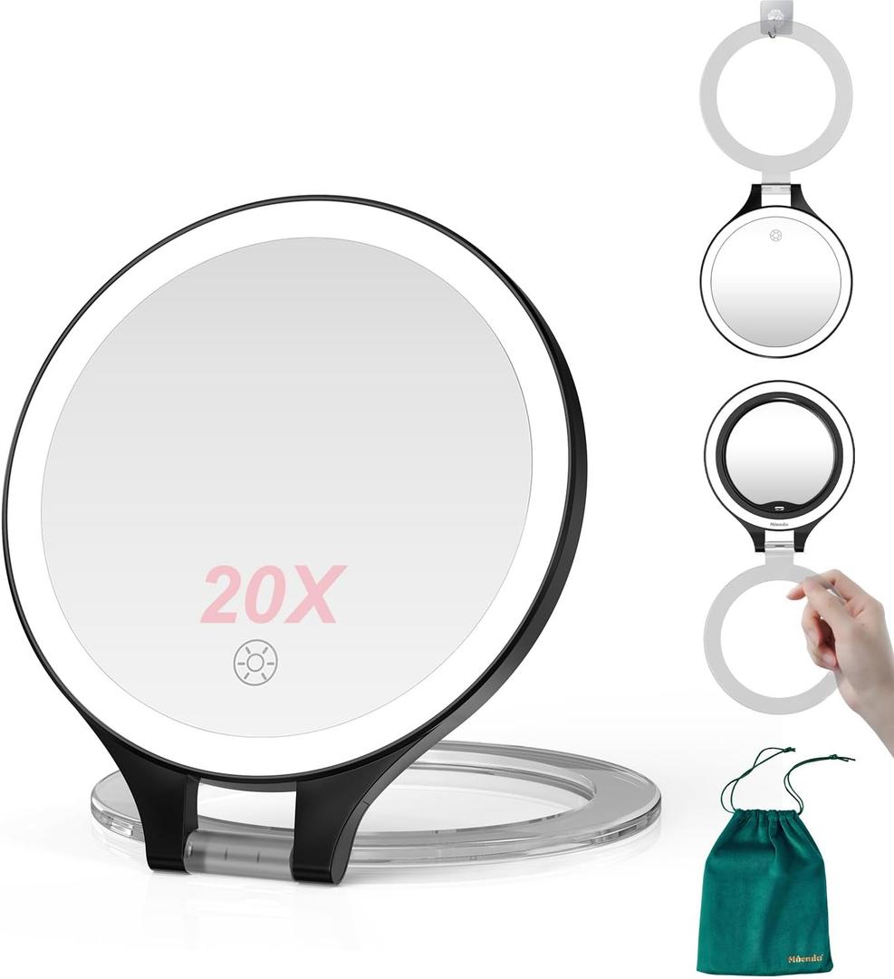 Mocado Travel Makeup Mirror with Light, 1X/20X Magnifying Mirror with Light, Double Sides Travel Mirror with 3 Color Light, Dimmable Touch, 1500mAh Rechargeable Lighted Makeup Mirror(Black)