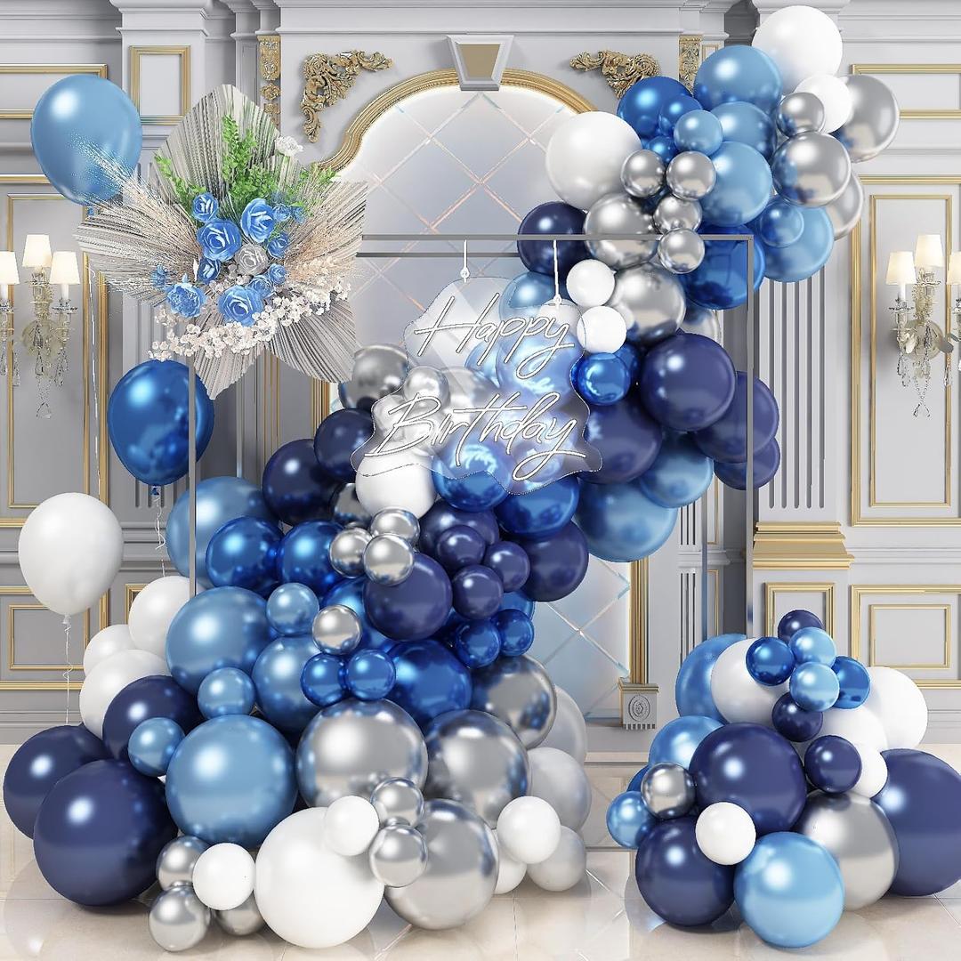 Blue White Silver Balloon Arch Kit, Navy Blue Silver White Balloon Garland with Metallic Dark Blue Light Blue Silver Balloons for Boys Men Birthday Baby Shower Graduation Wedding Party Decorations