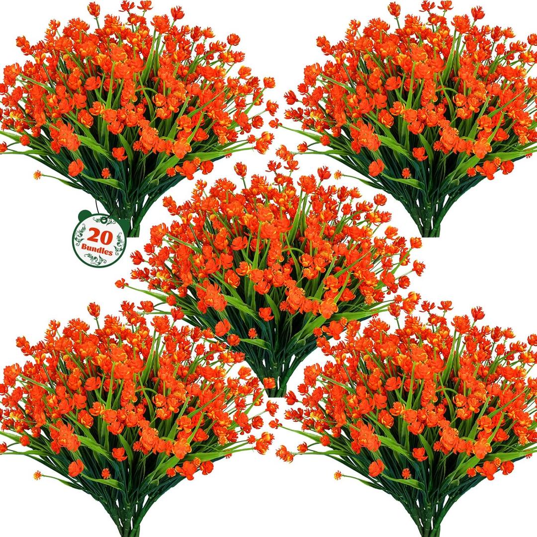 Lnoicy 20pcs Artificial Flowers for Outdoor,Plastic Flowers Decoration, UV Resistant Faux Flowers Shrubs, Artificial Plants for Indoor Outside Garden Home Wedding FarmhouseOrange