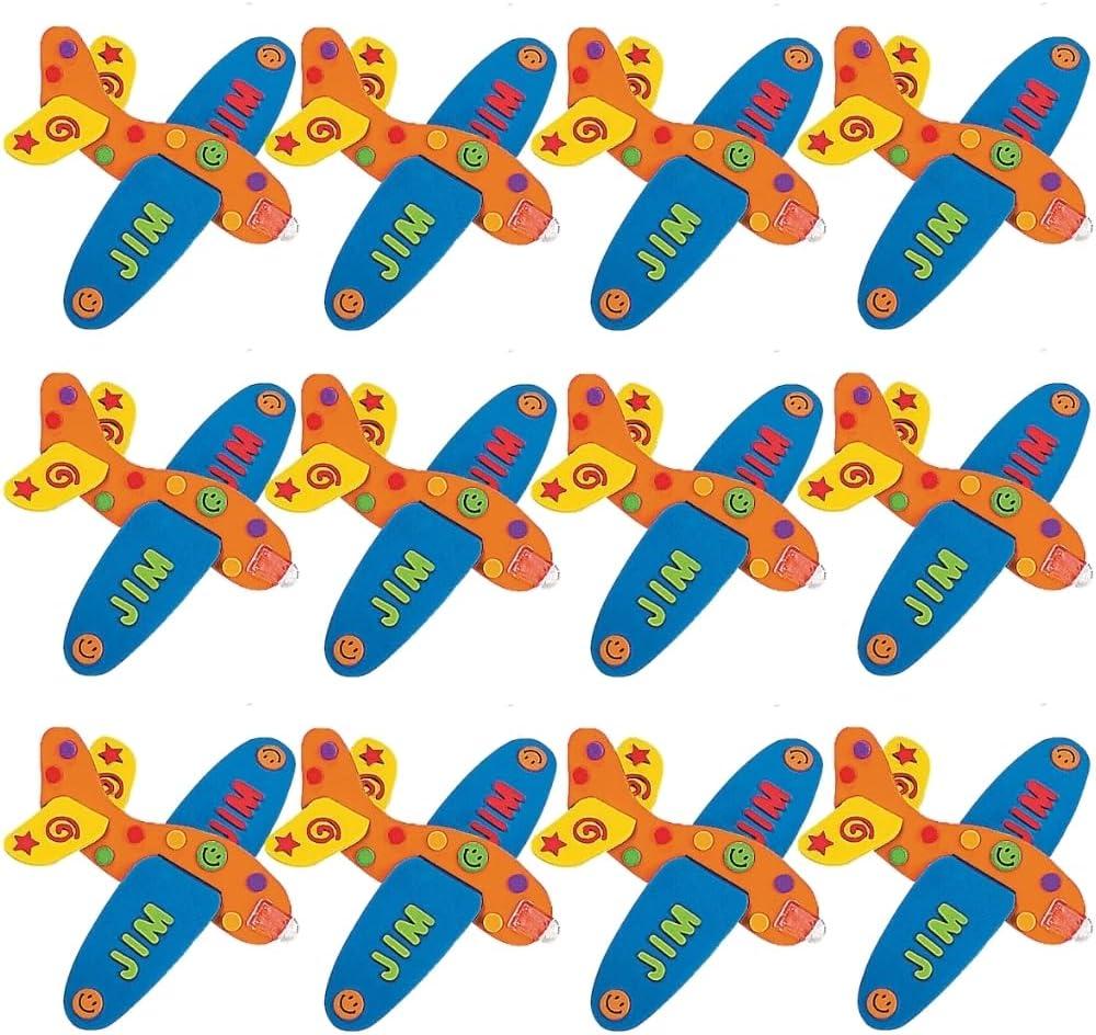 Fun Express Foam Airplanes for Kids 12 Pack - DIY Glider Plane Craft Kit with 229 Stickers | Airplane Party Favors for Birthday Activities | Flying Toy Airplanes Ages 3+