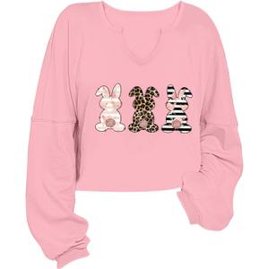 Women's Easter Bunny Sweatshirts Long Sleeve V Neck Cropped Cute Rabbit Shirts Graphic Tops (Pink, M)