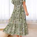 BTFBM Women's Clothing Wedding Guest Dresses Casual Boho Floral Short Sleeve Smocked Maxi Beach Spring Summer Dress 2026 (Green, S)