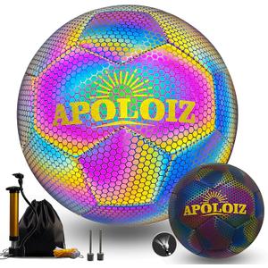 Holographic Reflective Soccer Ball Glow in The Dark,Light up Soccer Ball for Night Training (with Pump) (size 5, Chroma)
