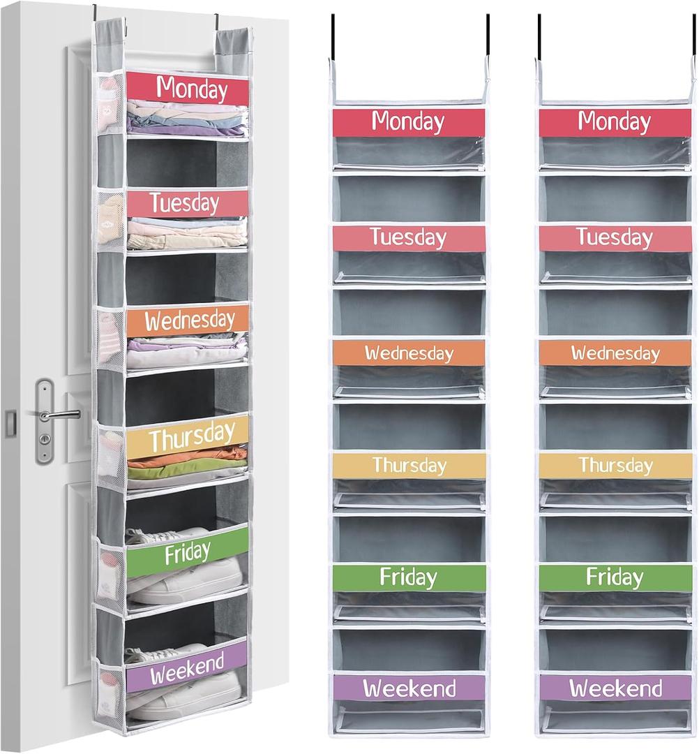 2 Pack Weekly Over the Door Organizer for Kids with 12 Side Pocket Hanging Clothes Organizer Closet Storage Monday Through Weekend Storage Shelves, 6 Shelf(Grey,Colorful), 4.72 x 11.81 x 61.42 inches