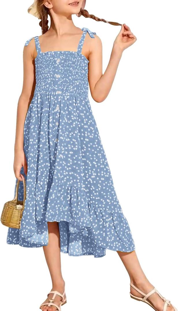 Girls Summer Dress Kids Sleeveless Tie Strap Boho Beach Midi Dress Smocked Ruffle Flowy Sundresses (9-10 Years, Blue)