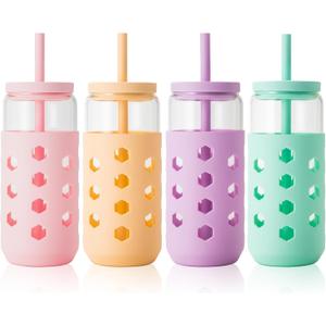 Mrsdry 20 oz Glass Cups With Lids and Straws, 4-Pack Iced Coffee Cup - Smoothie Cup With Silicone Lid and Sleeve for Coffee Bar Accessory, Cute Drinking Glasses Set Reusable Glass Tumbler for Gifts