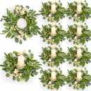 8 Pcs Green Eucalyptus Candle Rings Wreaths Spring Summer Kitchen Cabinet Wreaths Mini Green Berry Leaves Candle Wreath for Pillars Farmhouse Festival Wedding Celebrations Tabletop Decoration