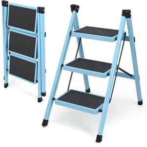 3 Step Ladder, Folding Step Stool for Adults, Lightweight Aluminum Step Ladder, Portable 330 LBS Capacity Ladders for Home Kitchen Library Office, Small Step Stools with Anti-Slip Wide Pedals, Blue