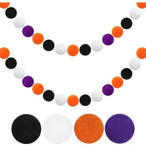 GCQQ 2Packs Pompom Garland Black Orange Purple White 1.2" Large 60 Pom Pom Felt Ball Garlands 16.4Ft No DIY Halloween Garlands for Home School Fall Party Decor