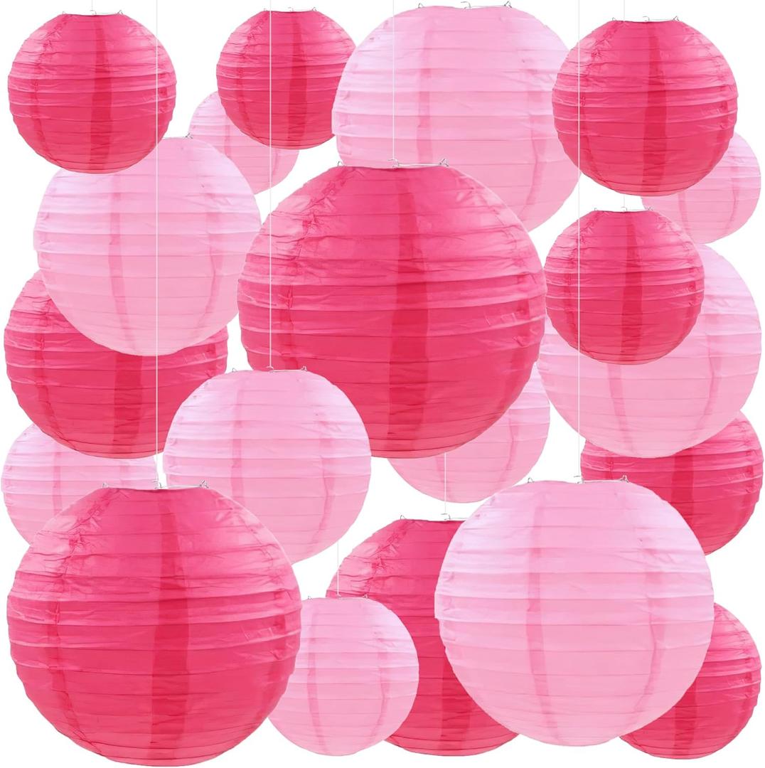20Pcs Paper Lanterns Decorative, Hot Pink Round Hanging Paper Lanterns Decorations for Rustic Party Bridal Shower Wedding Birthday Home Decor