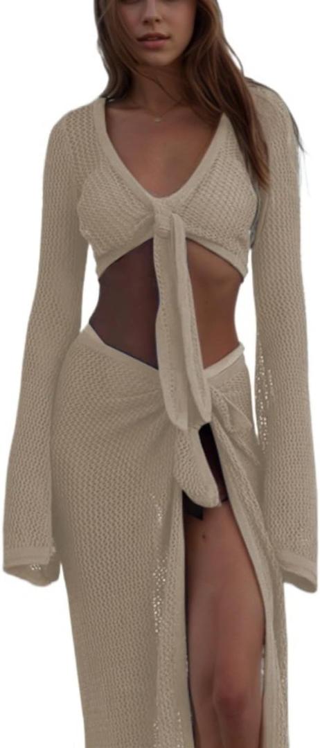 Crochet Two Piece Set Coverups Crop V Neck Long Sleeve Shirt Hollow Out Split Wrap Skirt Sexy Beach Sets (Large, Apricot)