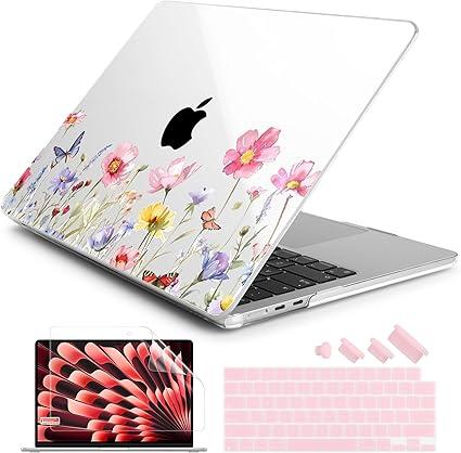 Batianda Premium Case for New MacBook Air 15 inch 2025 2024 2023 with M4 M3 M2 Chip, Floral Designed Protective Plastic Hardshell & Keyboard Cover & Screen Protector, Spring Flowers