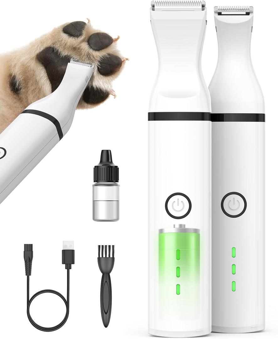 Oneisall Dog Paw Trimmer, Cordless Paw Hair Trimmer for Dogs with Double Blades, Quiet 2 Speed Small Dog Grooming Clippers for Paws, Eyes, Ears, Face, Rump (White)