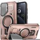 for Samsung Galaxy S24 FE Case Built-in Metal Camera Cover with Stand,[Compatible with Magsafe] Military Grade Rugged Shockproof Protective Cover with Screen Protector-Rose Gold
