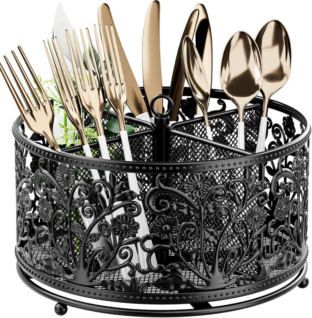 YIUKEA 360 Rotating Utensil Caddy - Silverware Cutlery Caddy Holder with 4 Compartment, Metal Flatware Organizer Countertop with Handle for Party Camping Picnic, Kitchen Counter, Office (Black)