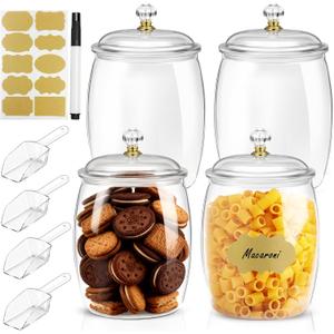4 PCS Plastic Candy Jars with Lids, 2.2L 74oz Airtight Food Storage Canisters, Apothecary Cookie Jars for Kitchen Pantry, Includes Scoops, Pen & Labels
