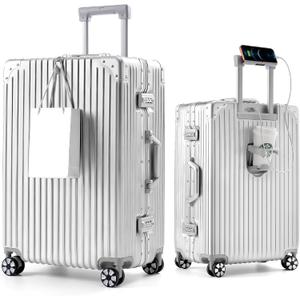 20-Inch Aluminum Frame Hardside Carry On Luggage, Metallic Silver | Zipperless PC suitcase, airline approved, dual TSA locks, cup holder, USB port, phone stand, bag hook, spinner wheels