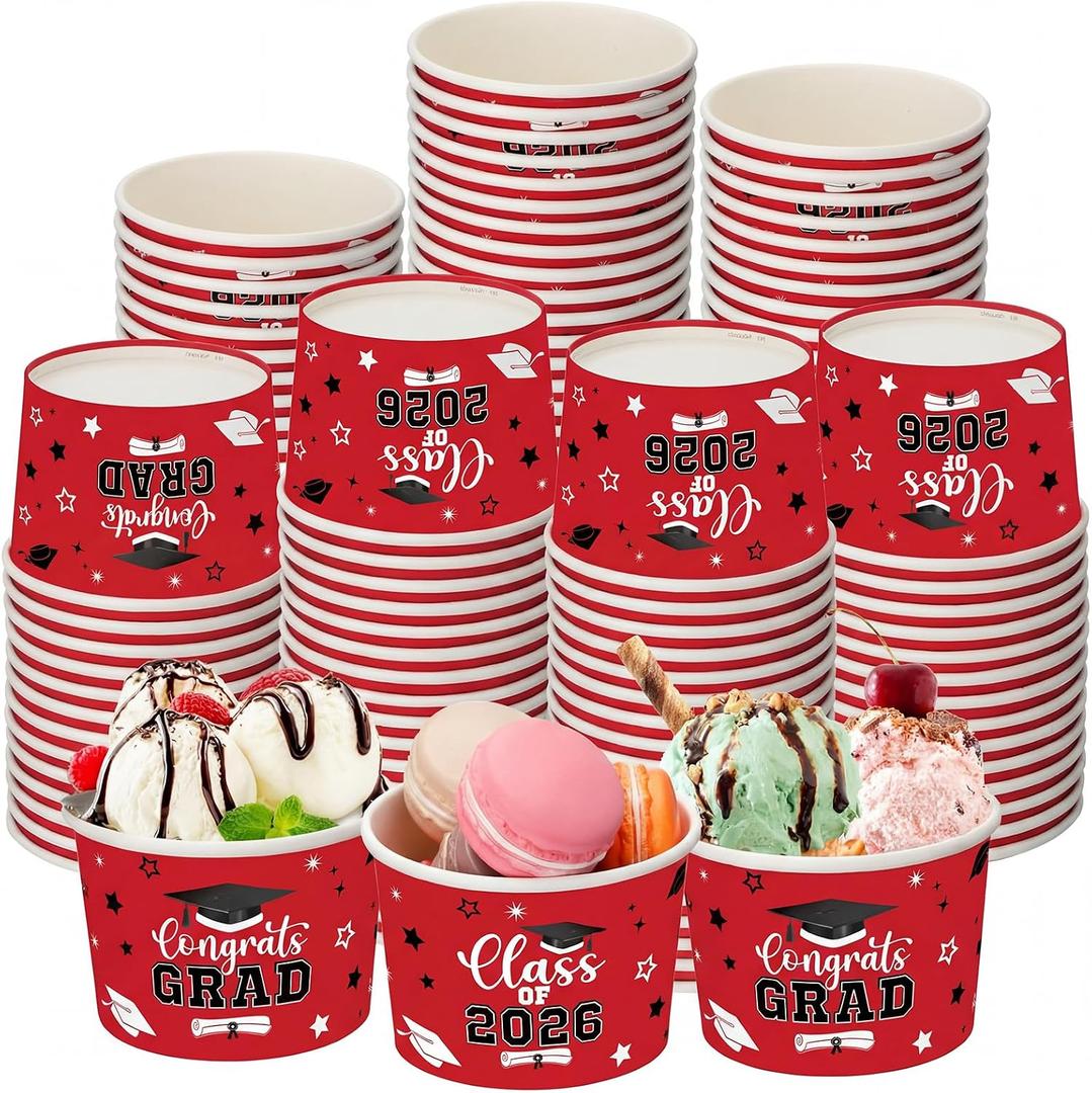Nuanchu 100 Pack 9 oz Graduation Ice Cream Cups, Congrats Grad Disposable Dessert Bowls, Class 2026 Paper Snack Soup Cups for Hot or Cold Food Graduate Party Supplies(Graduation 2026,Red Black)