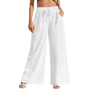 Fancysters Women Wide Leg Linen Pants, High Waisted Summer Casual Cotton Linen Palazzo Pants with Pockets (Small, White)