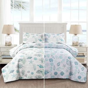Reversible Coastal Beach Theme Quilt Set Queen/Full Size Ocean Coral Bedding Seaweed Bedspread Ocean Life Blue Green White Shell Starfish Coverlet Summer Lightweight Beach Daybed Sets
