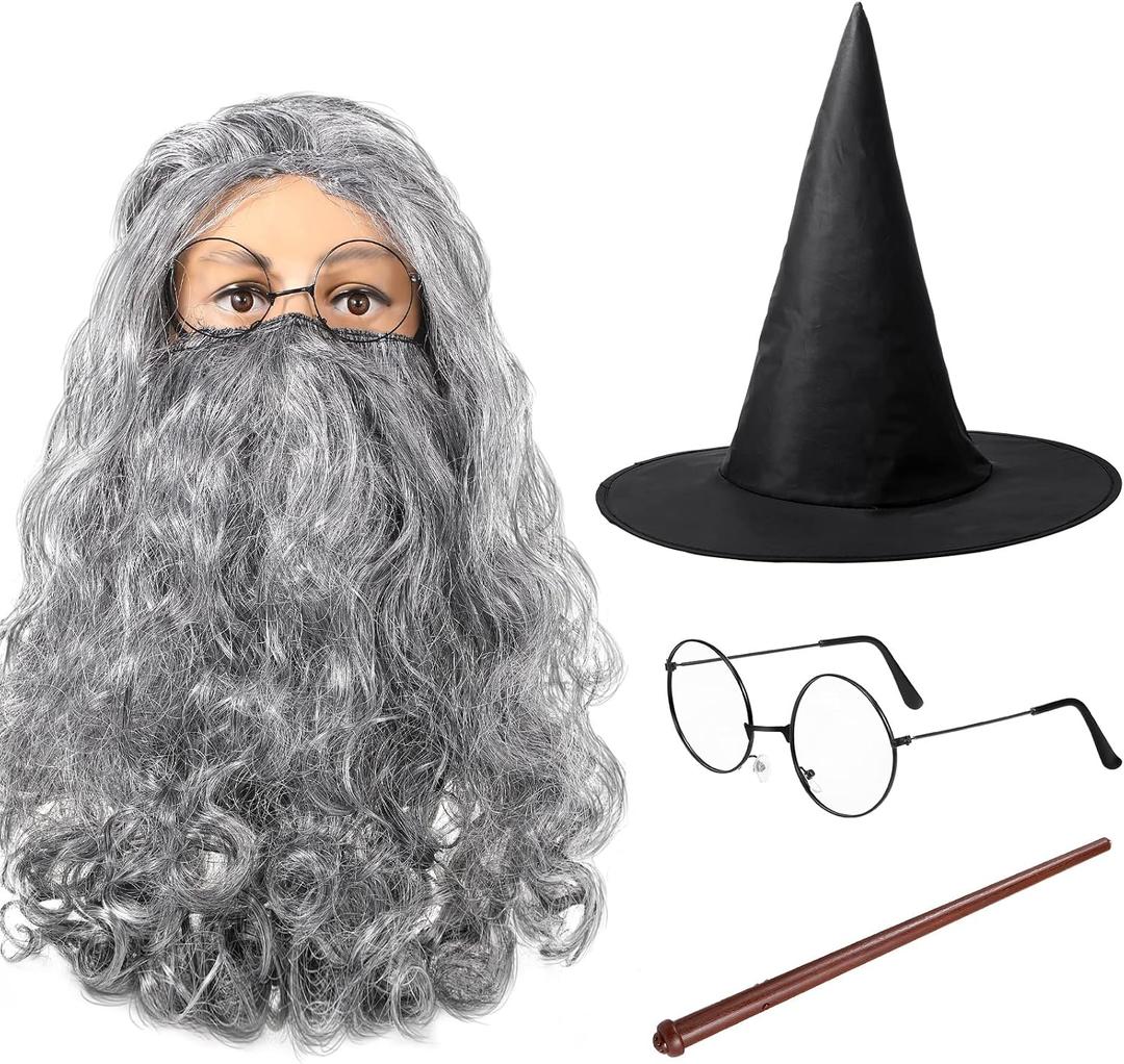 Geyoga Magic Wizard 4 Pieces Costume Set for Halloween Christmas, Included Wizard Hat Long Gray Wig and Beard Wand Glasses Frame for Adults Cosplay Party Accessory
