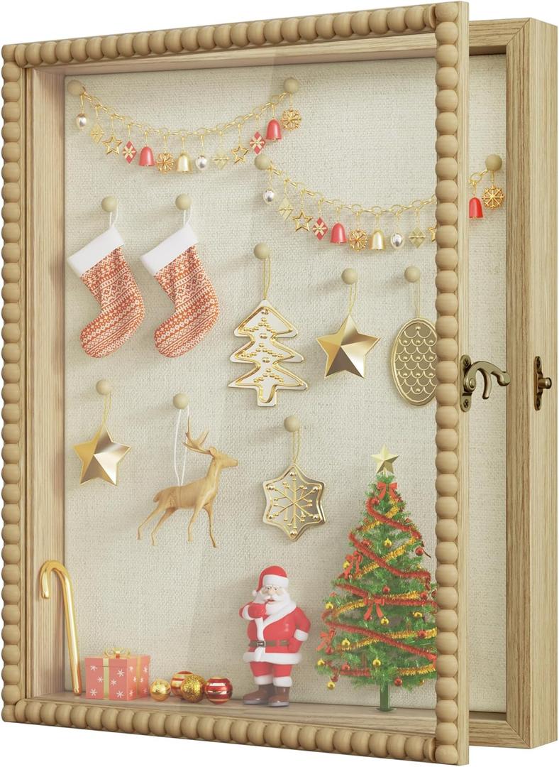 Love-KANKEI Shadow Box Frame 13x16, Deep Large Shadow Box Display Case with Unique Beads Door and Glass Window, Wood Memory Box for Pictures,Medals,Memorabilia,Collections Natural