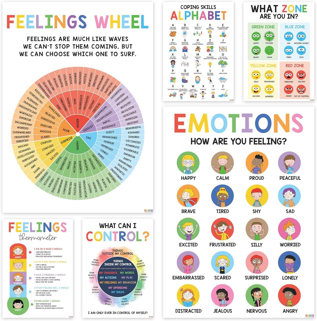 BEAWART 6 Calming Corner Classroom Posters, Feelings Wheel Chart & Emotions Poster For Kids, Calm Down Corner Supplies For Therapy Office Decor, Mental Health Wall Decorations For Preschool Teachers (14"x10")
