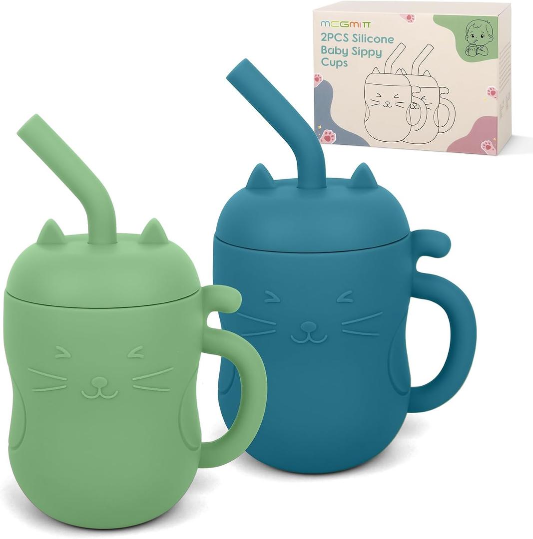 MCGMITT Silicone Baby Sippy Cup, 2 Pack Leak Proof Straw Cup for 6 12 18 Months, 5oz BPA Free Non Toxic Toddlers Training Cup with Handle, Soft Bite-Resistant Straw, Microwave & Dishwasher Safe
