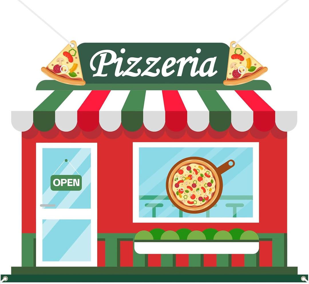 Pizza Shop Backdrop Party Decorations Pizza Shop Party Door Cover Porch Banner Pizzeria Photo Booth Props Selfie Frame Background for Kids Boy Girl Adult Baby Birthday Shower Pizzas Themed Party Decor