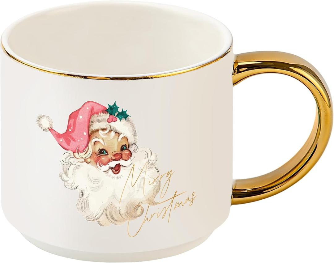 Sweet Water Decor Santa Coffee Mug, 14oz China Christmas Mug with Gold Handle, Large Holiday Winter Cup for Coffee, Tea & Hot Chocolate, Stocking Stuffer Gifts for Women