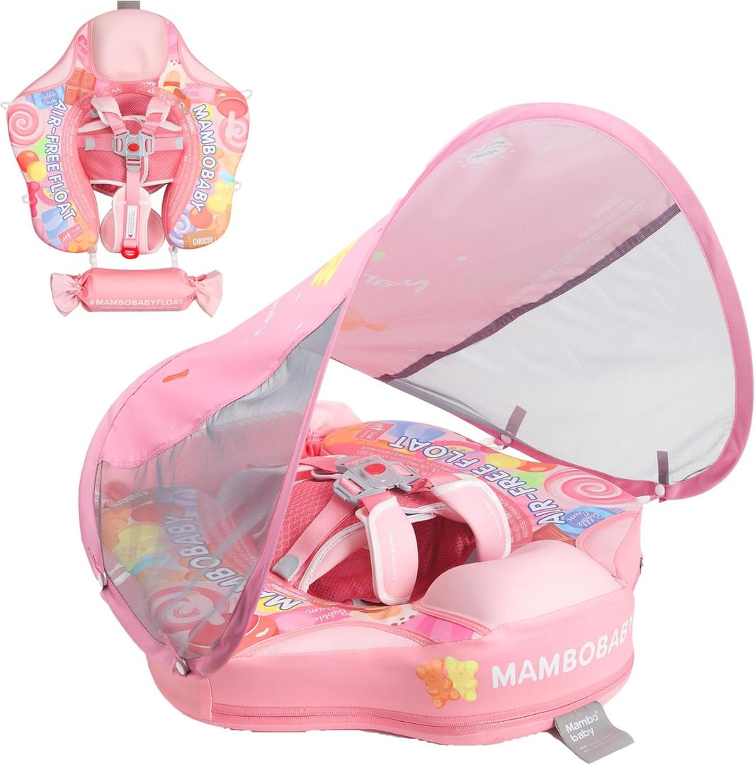 Mambobaby Float with Canopy Removable Baby Swimming Pool Float Non Inflatable Baby Safety Float Upgraded Tail Soft Skin-Friendly Material Swim Float for Toddler Infant 3-24 Months, Candy, 34 inches x 30"