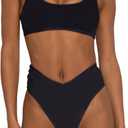 Women's High Waisted Bathing Suit Cute Scoop Neck Sporty Crop Top Push Up Bikini Sets Cheeky V Cut Leg Rise Bottom (Black) M