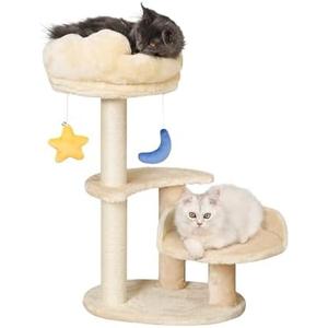 Meecal Small Cat Tree for Kittens Under 6 Months, Max Weight 5lbs - Cloud Design with Bed & Toys, Compact Scratching Post with Dangling Balls, Begie