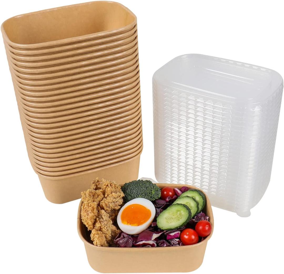 25 oz Disposable Kraft paper bowls with lids, Rectangle Food containers Soup Bowls Party Supplies Treat Bowls 50 Pack