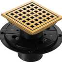 Shower Drain, Brushed Gold 4 inch Shower Floor Square Drain with Flange, Removeable Grid Panel SUS 304 Stainless Steel Square Shower Drain