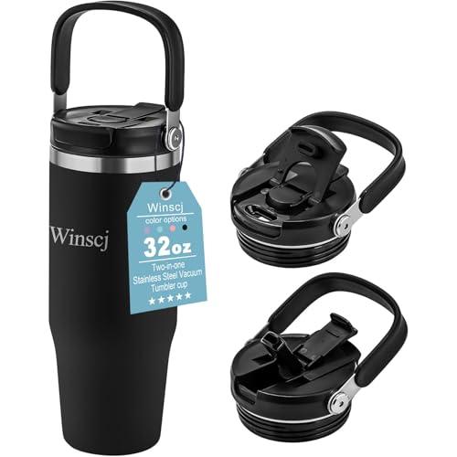 Winscj 32 oz Tumbler with Handle and Flip Straw,Keep Cold or Hot,Fits in Cup Holder,Reusable Leak Proof Stainless Steel Vacuum Water Bottle,Suitable for Home Gym Trave, Easy to Carry(Black)