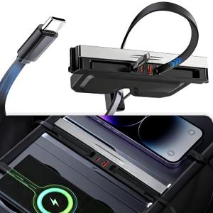 Polwlamks 65W Fast Charging USB Hub for Tesla 2025-2026 Model Y Juniper 2024-2025 Model 3 Highland, 4-in-1 Multi Ports & Retractable Cable, Model Y L Center Console Hidden Charger Hub fits Model 3/Y