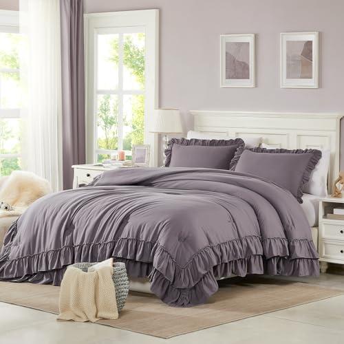 Cupocupa Purple Pink Comforter Set, 3Pcs Comforters Queen Size Ruffle Farmhouse Bedding Sets Queen with Comforter, Lightweight Soft Shabby Chic Bedding Comforter Set Fluffy for All Season