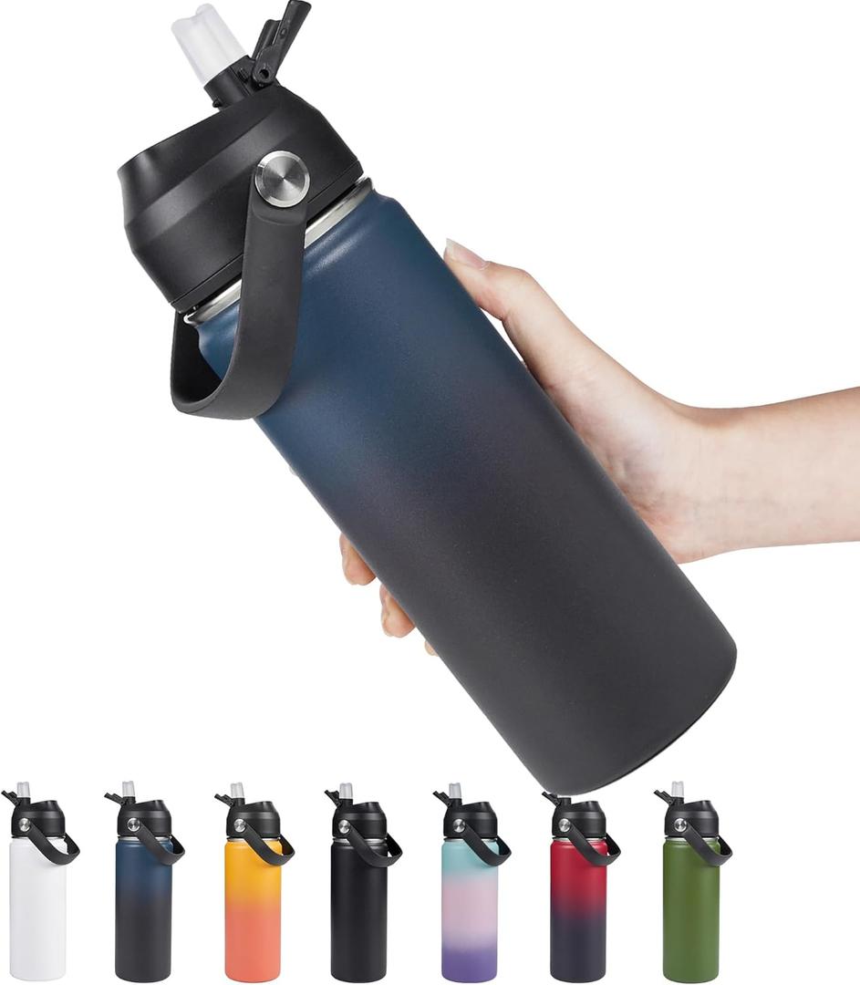 18oz Insulated Stainless Steel Water Bottle, Wide Mouth Double Wall Vacuum, Silicone Straw, Sweat & Leak Proof, BPA Free Insulated Water Flask for Travel, Keep Cold 24h Hot 12h, Blue