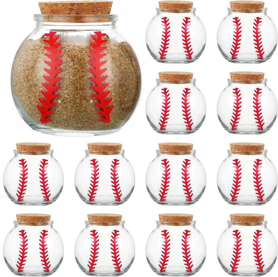 12 Pcs Baseball Printed Round Jar 3.4 oz Mini Round Shaped Glass Jar with Cork Lid 2.56 x 2.56 Inch Decorative Glass Bottle for Baseball Team Coach Player Sport Party Favors Gift Decoration